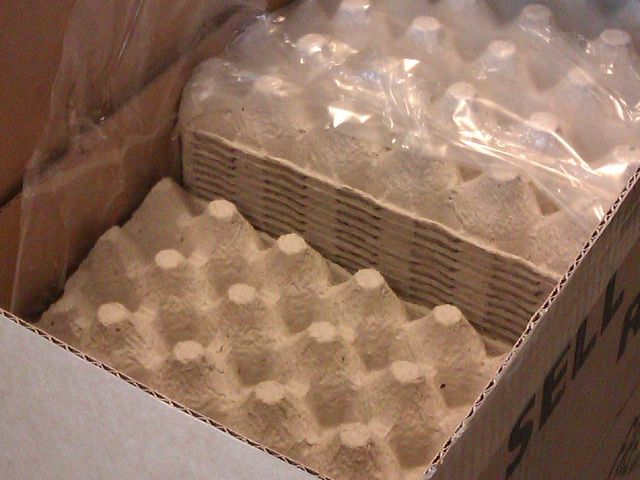 Stacked paper egg trays filled with eggs
